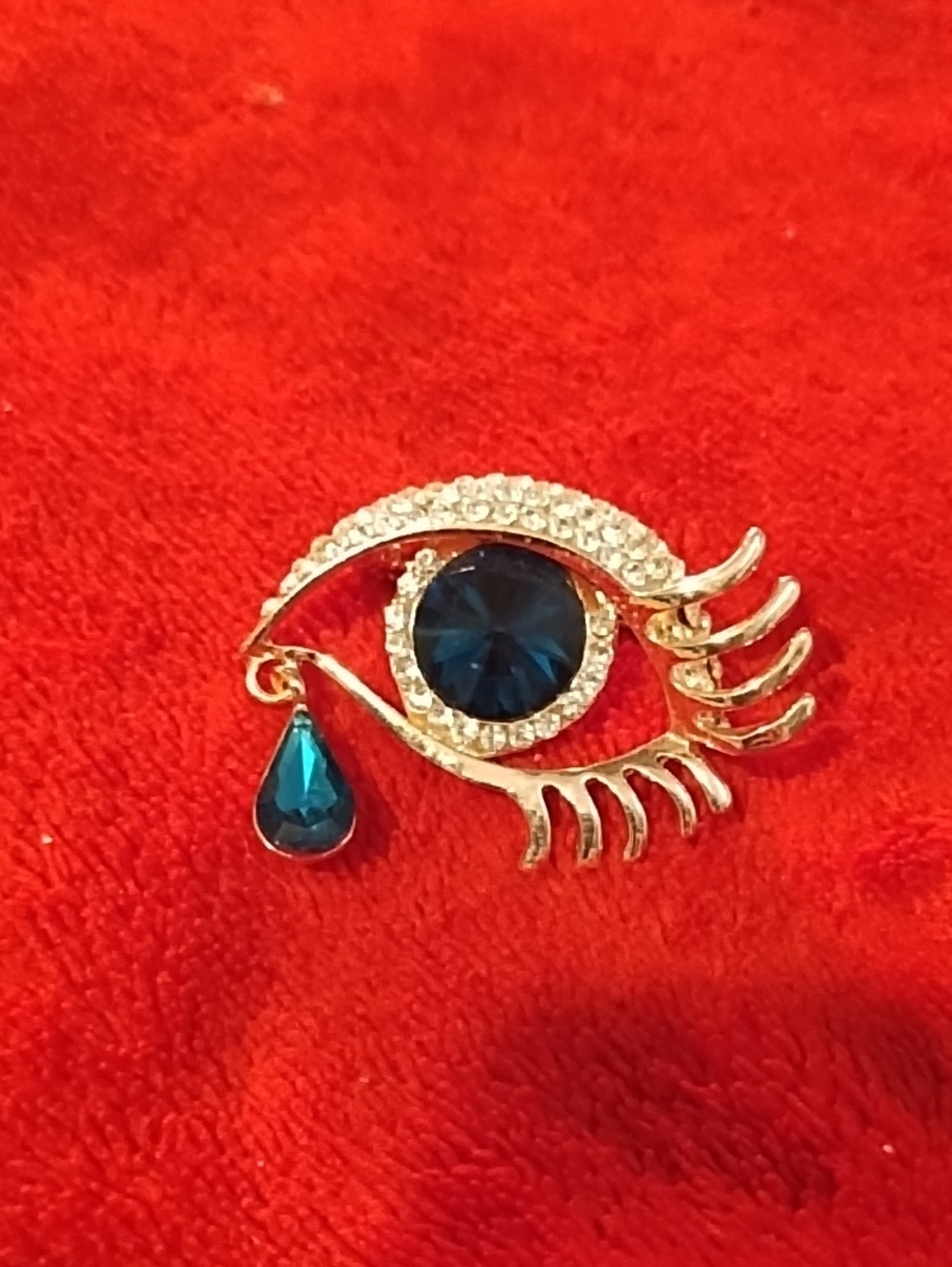 Gold-Tone Eye Brooch with Blue Crystal Tear - Women Jewelry